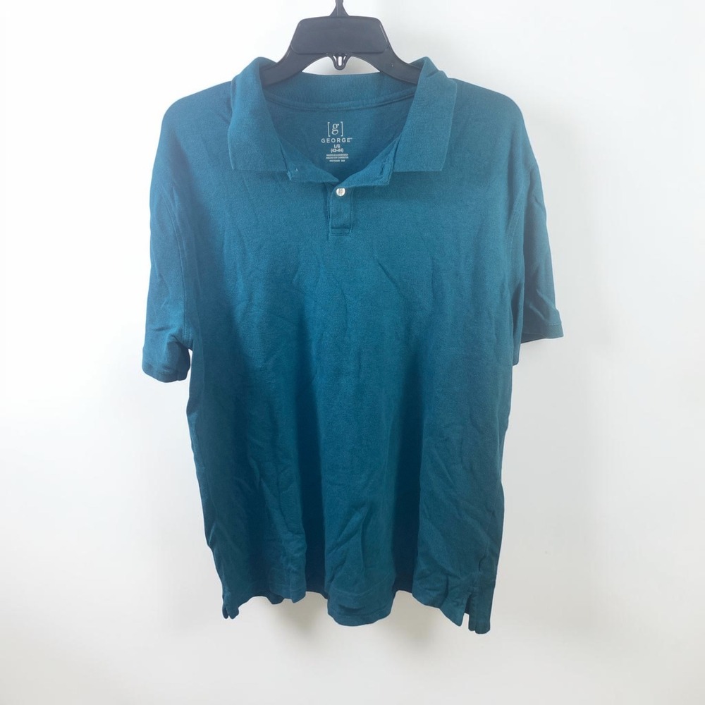 George Mens Teal Blue Short Sleeve Polo Shirt Size L 42-44 Classic Fit Knit